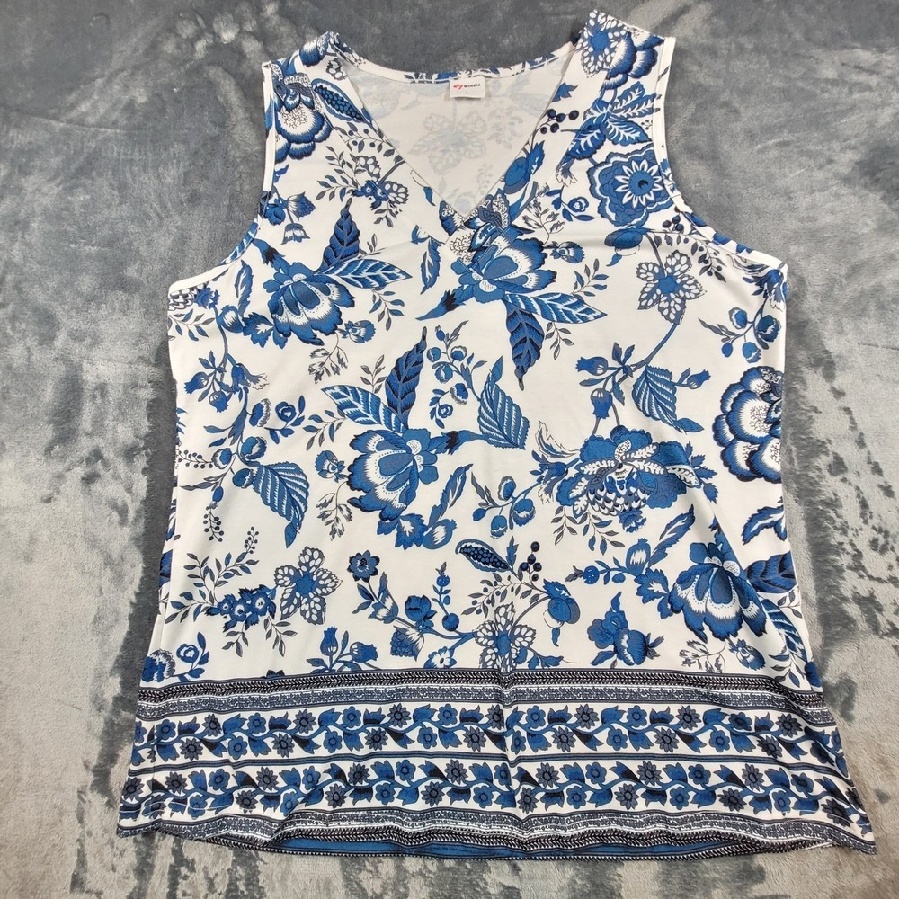 WIHOLL Sleeveless V Neck Blue Floral Casual Blouse Womens Size Large Lightweight